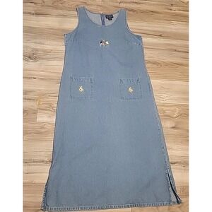 Vintage Blue J Dress Womens Size L Blue Jean Denim Embroidered Maxi Sleeveless